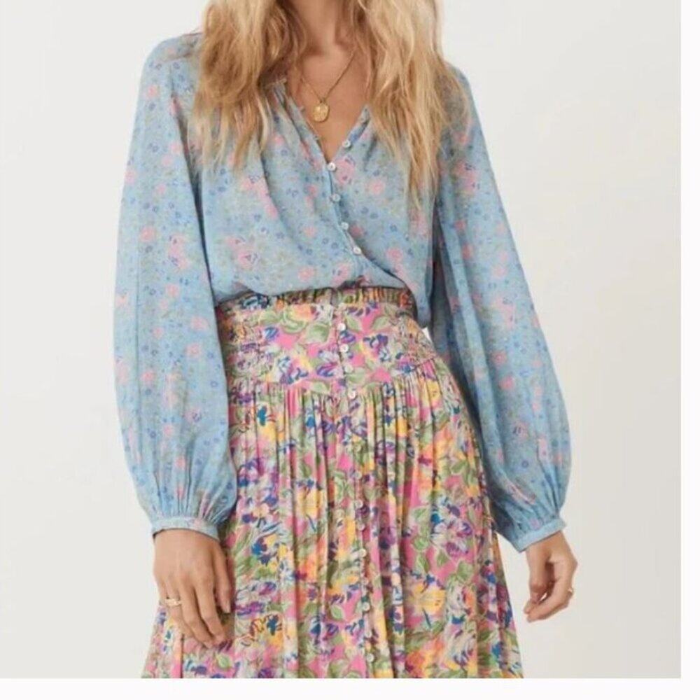 New Spell Dolly Blouse Dusty Floral Blue Long Sleeve Top Sz XS